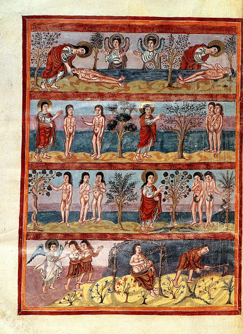 Aus der Grandval Bibel: die Geschichte von Adam und Eva