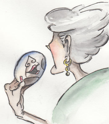 der kleine Mensch prüft im Handspiegel, ob ihr Lippenstift noch gut aussah ...